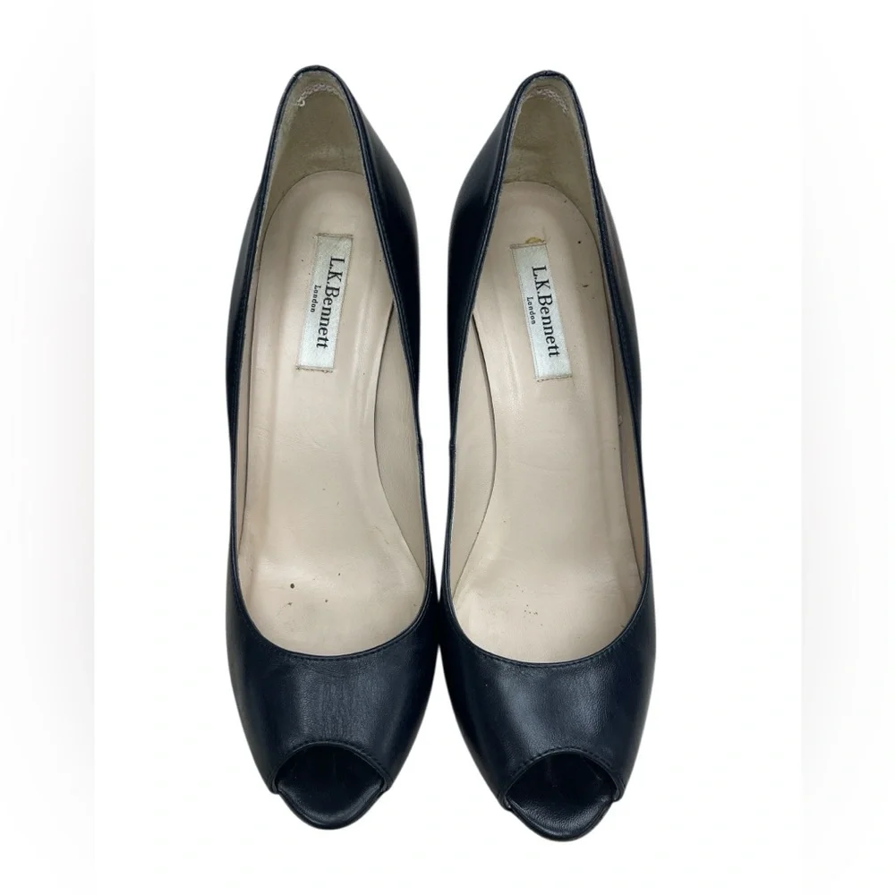 L.K. Bennett Black Leather Peep Toe Wedge Heels